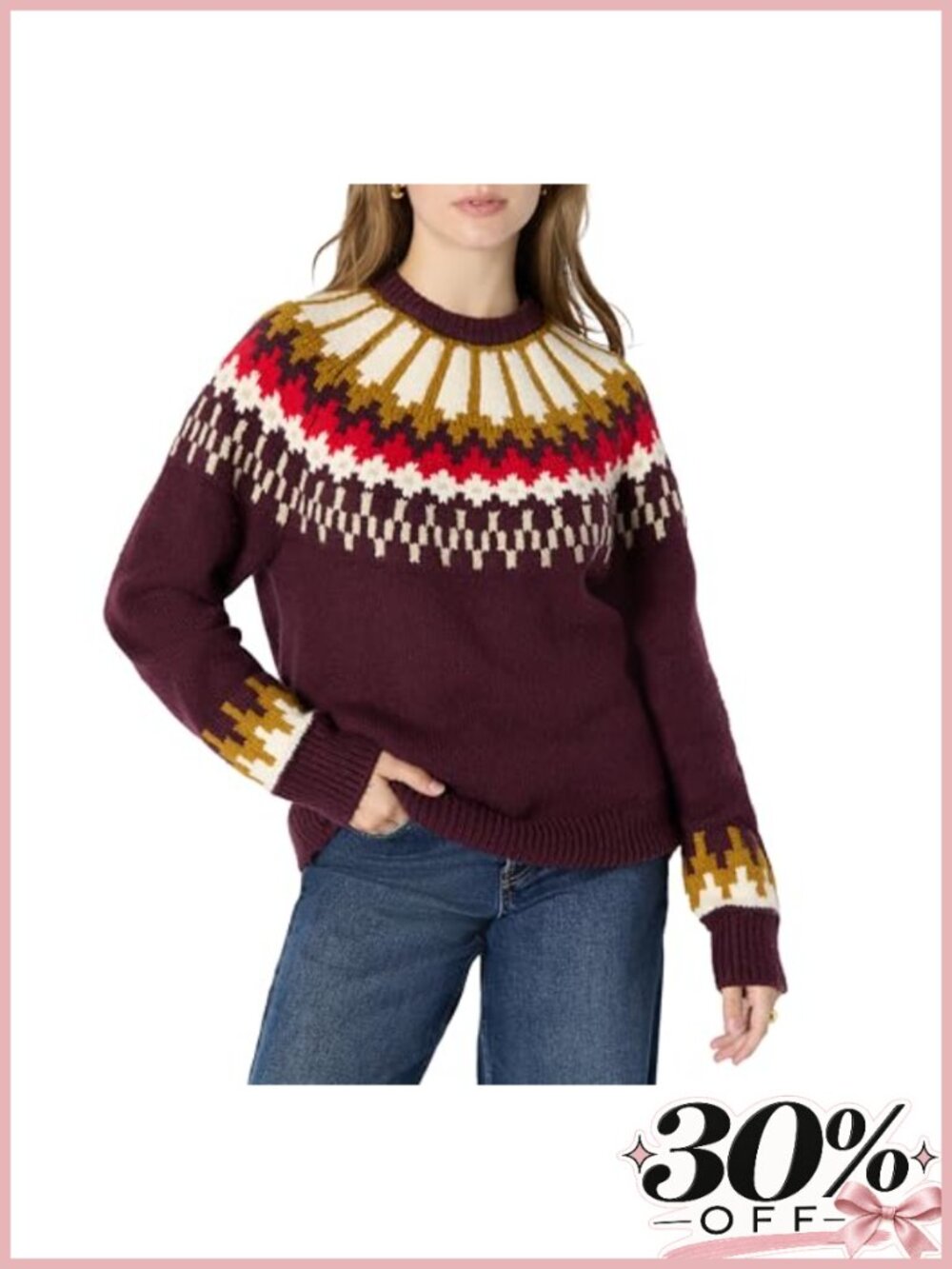 Oversized Fair Isle Crewneck Sweater Heavyweight Cotton Blend Pullover